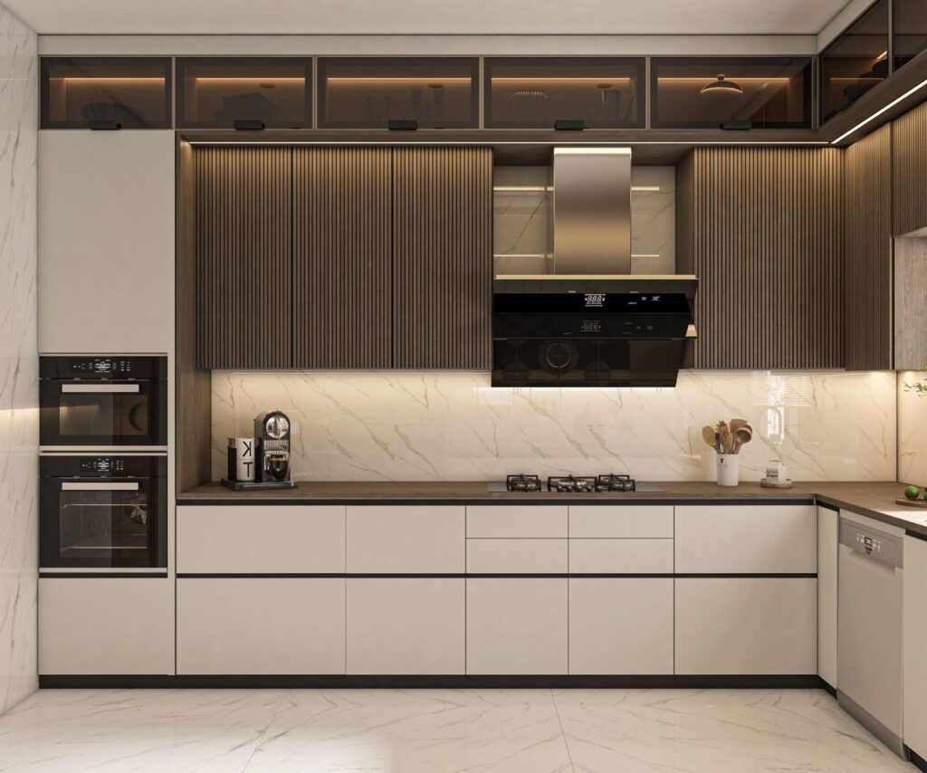 Elegant and minimalist kitchen design featuring marble and wood textures for a modern interior aesthetic.