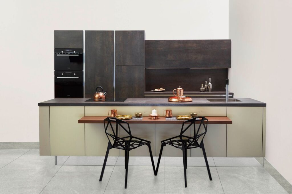 Elegant modern kitchen featuring copper accents and minimalist design.