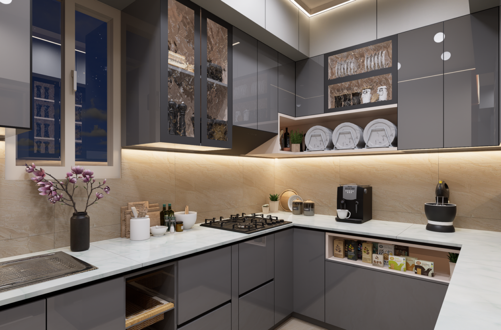 Sleek modern kitchen with elegant lighting and contemporary decor.
