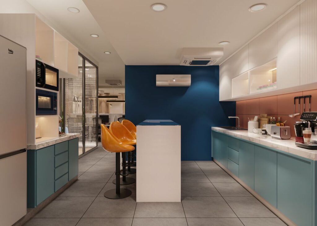 Contemporary kitchen design with sleek blue and white cabinetry, island, and modern appliances.